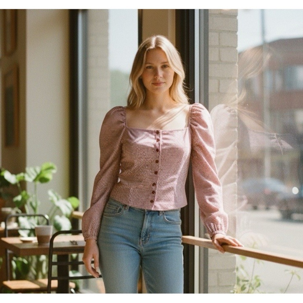 Lulu's Gingham Plaid‎ Blouse Button Up